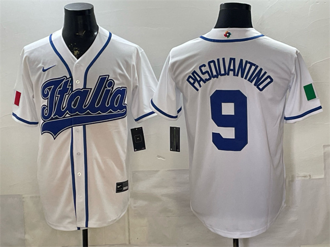 Men's Italy Baseball #9 Vinnie Pasquantino White 2026 World Baseball Classic Home Stadium Stitched Jersey Men's Italy Baseball #9 Vinnie Pasquantino White 2026 World Baseball Classic Home Stadium Stitched Jersey